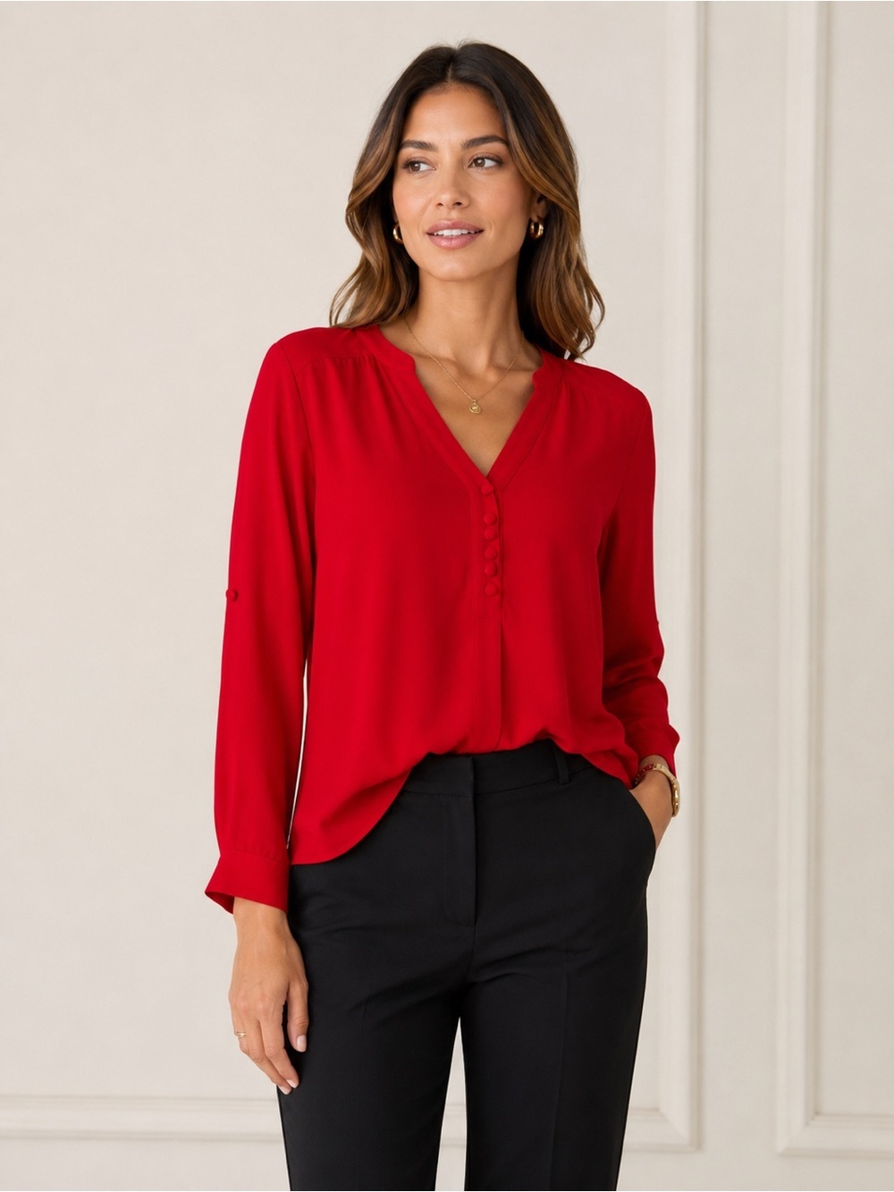 Express Women's Bold Red Popover‎ Button Front Blouse